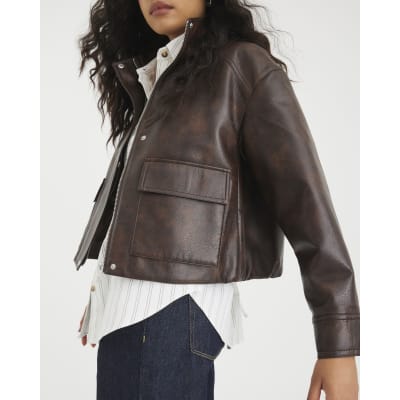 Brown Faux Leather Funnel Neck Bomber Jacket