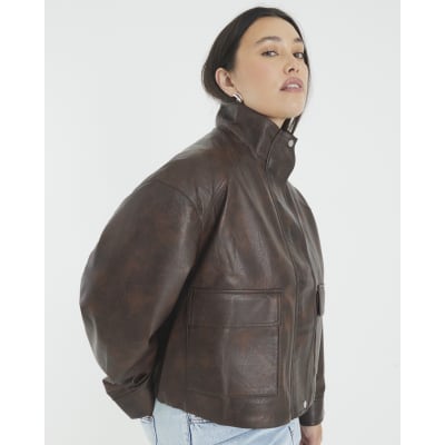 Brown Faux Leather Funnel Neck Bomber Jacket