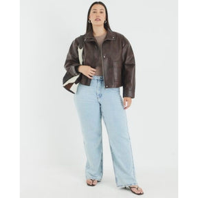 Brown Faux Leather Funnel Neck Bomber Jacket