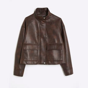Brown Faux Leather Funnel Neck Bomber Jacket