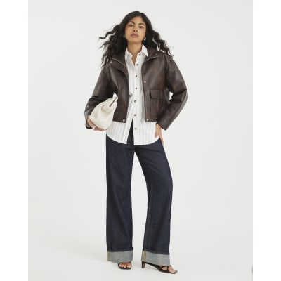 Brown Faux Leather Funnel Neck Bomber Jacket