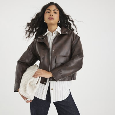 Brown Faux Leather Funnel Neck Bomber Jacket