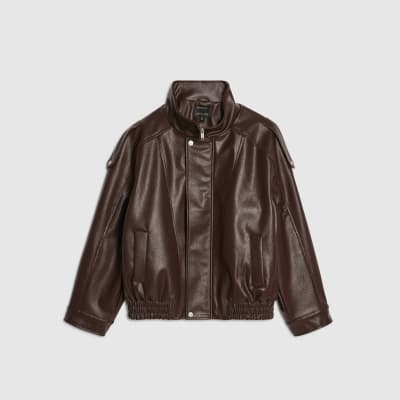 Brown Faux Leather Funnel Neck Jacket