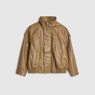 Brown Faux Leather Funnel Neck Jacket