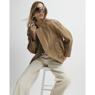 Brown Faux Leather Funnel Neck Jacket