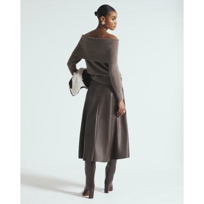 Brown Faux Leather Midi Skirt