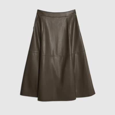 Brown Faux Leather Midi Skirt