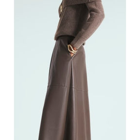 Brown Faux Leather Midi Skirt