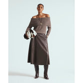 Brown Faux Leather Midi Skirt