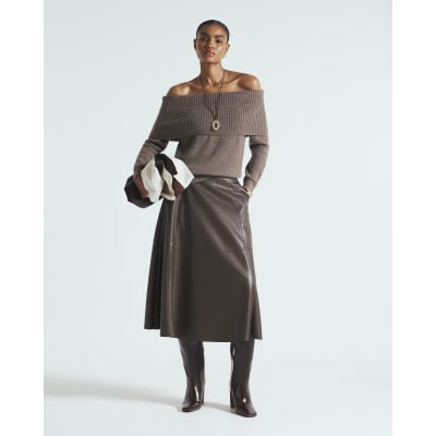 Brown Faux Leather Midi Skirt