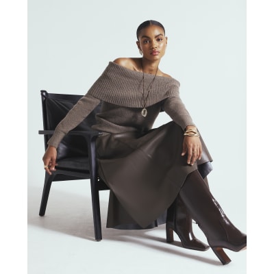 Brown Faux Leather Midi Skirt