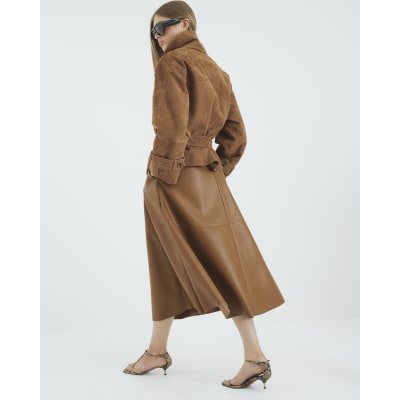 Brown Faux Leather Midi Skirt
