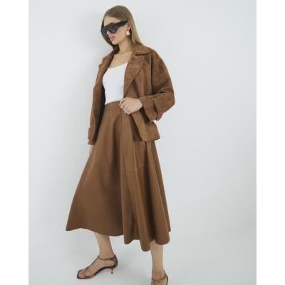 Brown Faux Leather Midi Skirt