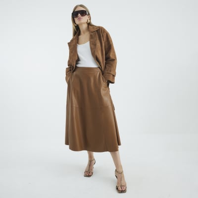 Brown Faux Leather Midi Skirt