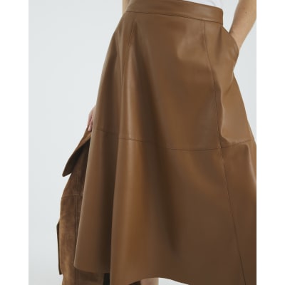Brown Faux Leather Midi Skirt