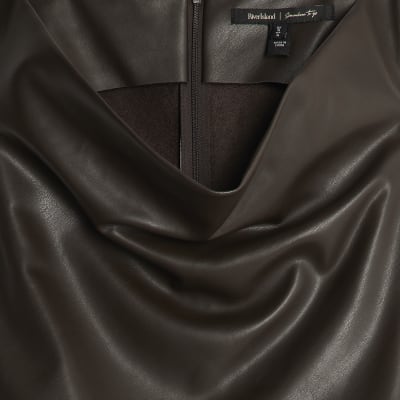 Brown Faux Leather Ruched Mini Dress