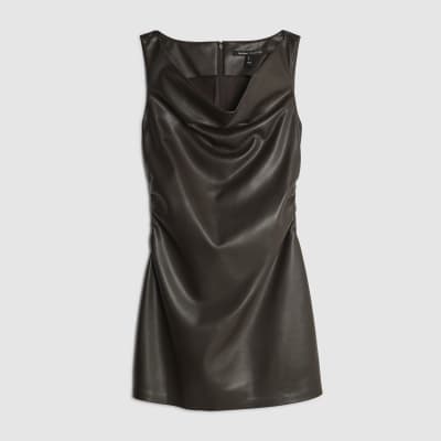 Brown Faux Leather Ruched Mini Dress