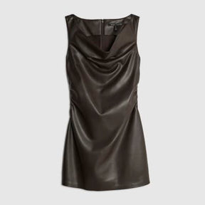 Brown Faux Leather Ruched Mini Dress