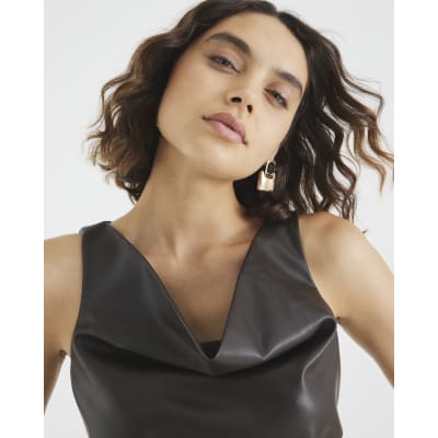 Brown Faux Leather Ruched Mini Dress