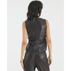 Brown Faux Leather Ruched Sleeveless Top