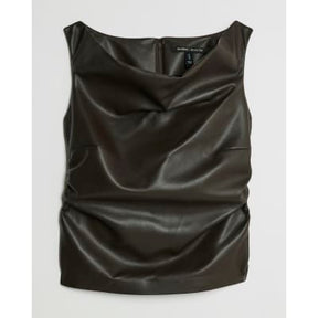 Brown Faux Leather Ruched Sleeveless Top