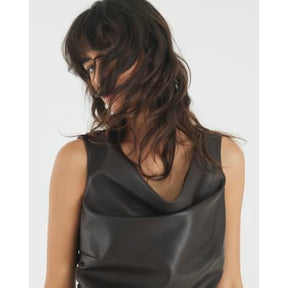 Brown Faux Leather Ruched Sleeveless Top