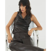 Brown Faux Leather Ruched Sleeveless Top