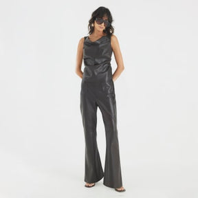 Brown Faux Leather Ruched Sleeveless Top