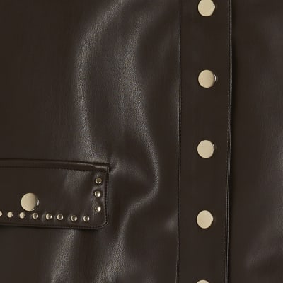 Brown Faux Leather Scallop Trim Studded Shirt