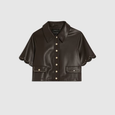Brown Faux Leather Scallop Trim Studded Shirt