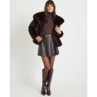 Brown Faux Leather Snaffle Detail Mini Skirt