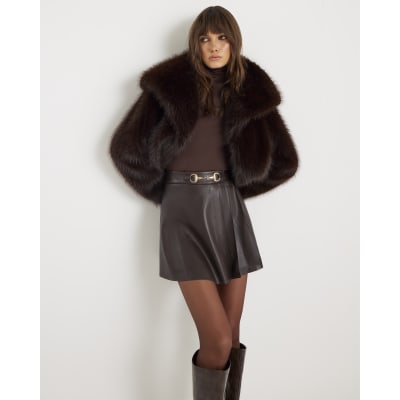 Brown Faux Leather Snaffle Detail Mini Skirt