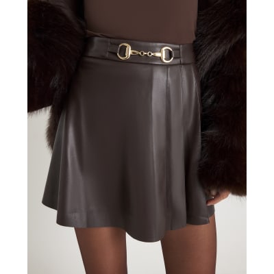 Brown Faux Leather Snaffle Detail Mini Skirt