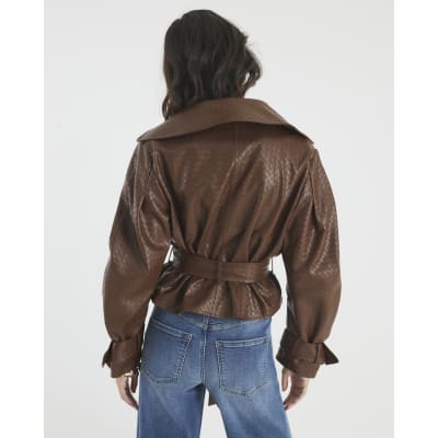 Brown Faux Leather Woven Trench jacket