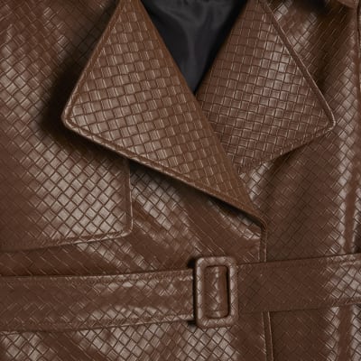 Brown Faux Leather Woven Trench jacket