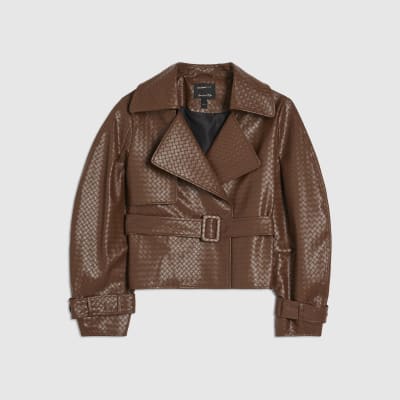 Brown Faux Leather Woven Trench jacket