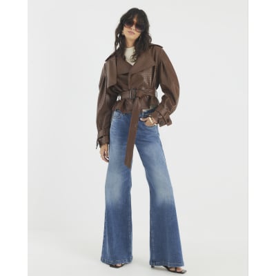 Brown Faux Leather Woven Trench jacket