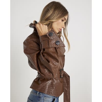 Brown Faux Leather Woven Trench jacket