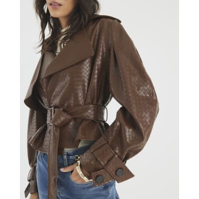 Brown Faux Leather Woven Trench jacket