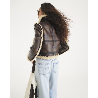 Brown Faux Shearling Seam Aviator Jacket