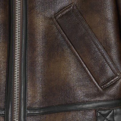 Brown Faux Shearling Seam Aviator Jacket