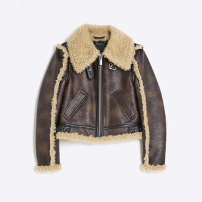 Brown Faux Shearling Seam Aviator Jacket