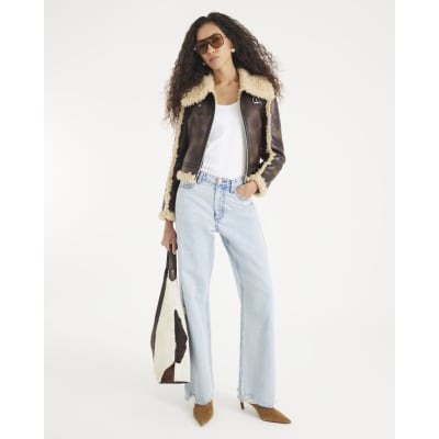 Brown Faux Shearling Seam Aviator Jacket
