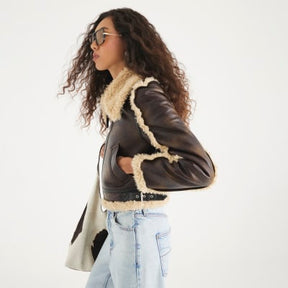 Brown Faux Shearling Seam Aviator Jacket