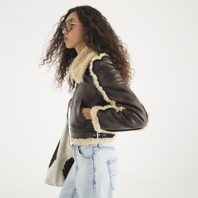 Brown Faux Shearling Seam Aviator Jacket