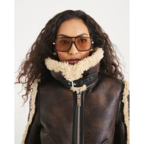 Brown Faux Shearling Seam Aviator Jacket