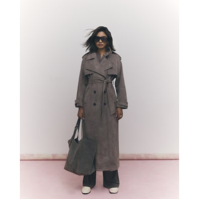 Brown Faux Suede Belted Trench Coat
