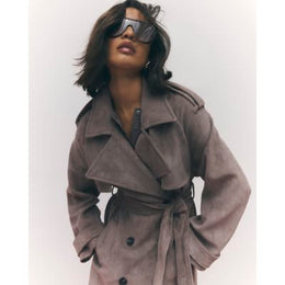 Brown Faux Suede Belted Trench Coat