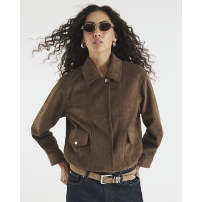 Brown Faux Suede Collared Jacket