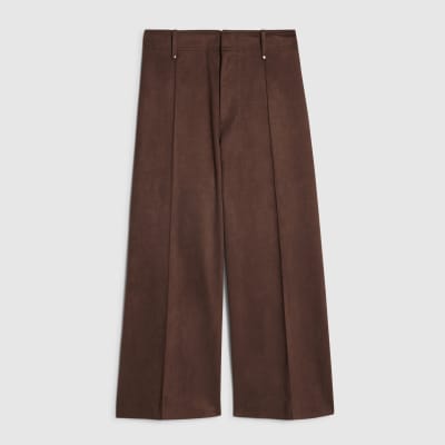 Brown Faux Suede Cropped Seam Front Trousers